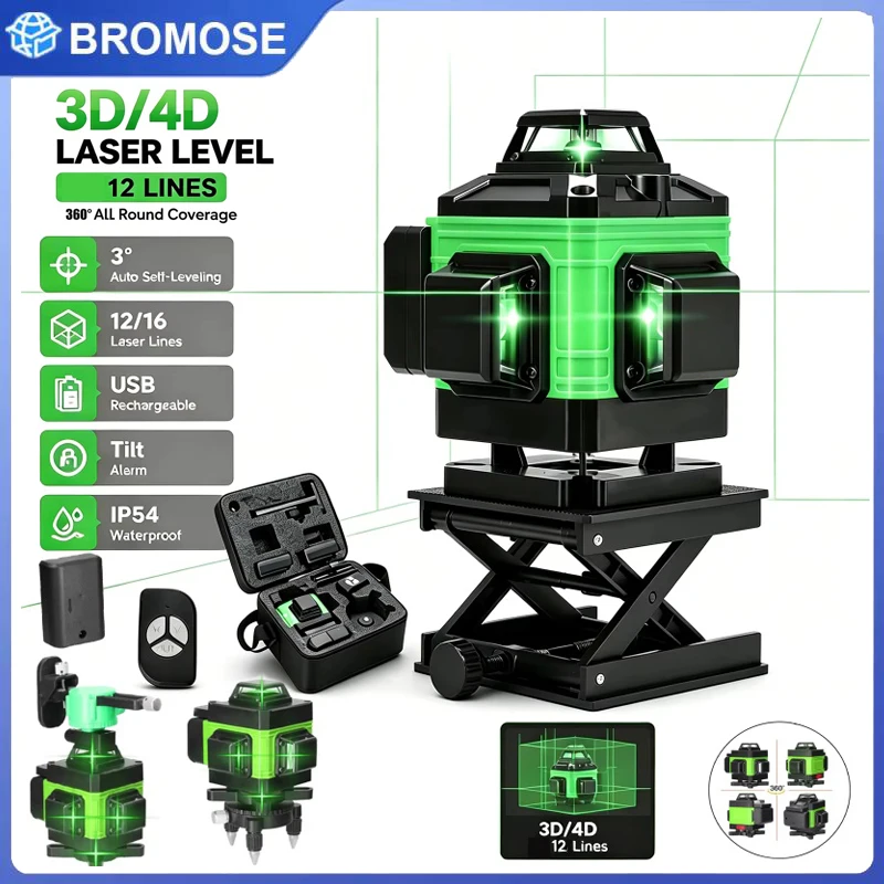 Image of 360° Horizontal- und Vertikal-Laser-Nivelliergerät, professionelles Bauwerkzeug, neu, 16 Linien, 4D-Laser-Nivelliergerät, grüne Linie, selbstnivellierend
