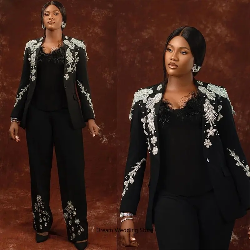 Luxury Black Women Suits Set Appliqued Beads 2 Pcs V Neck Blazer+Pants Custom Made Fashion Prom Party Evening Dress