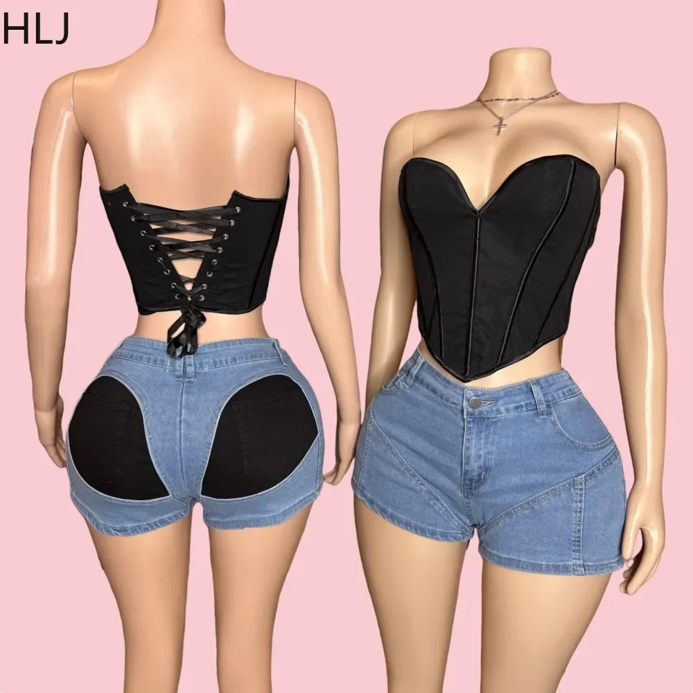 

HLJ&GG Sexy Corset Slim Vest Two Piece Sets Women V Neck Sleeveless Backless Top And Jean Shorts Outfits Fashion 2pcs Streetwear