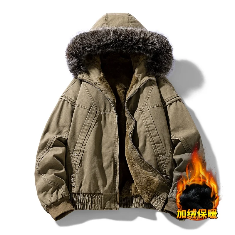 سترات رجالية شتوية جديدة مخملية سميكة بأكمام طويلة وسحاب وياقة من الفرو الرجعية سترات قطنية بقلنسوة ملابس قطنية راقية