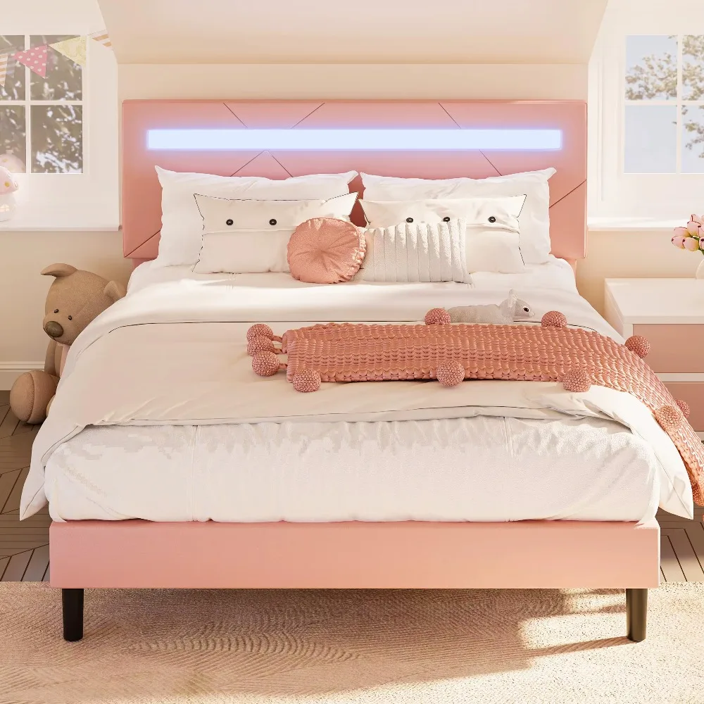 Queen Bed Frame with LED Lights(Smart APP Control), Upholstered Modern Platform Bed Frame, No Box Spring Needed, Pink