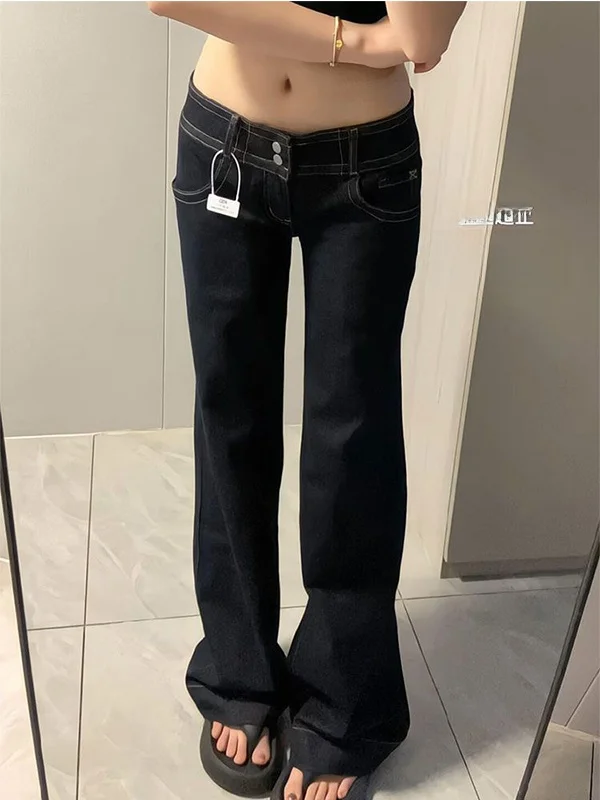 กางเกงยีนส์ทรงกระดิ่งเอวต่ำ ดีไซน์เก๋ สไตล์อเมริกัน สำหรับผู้หญิง ขากว้าง ใส่สบายๆ สำหรับฤดูใบไม้ร่วง