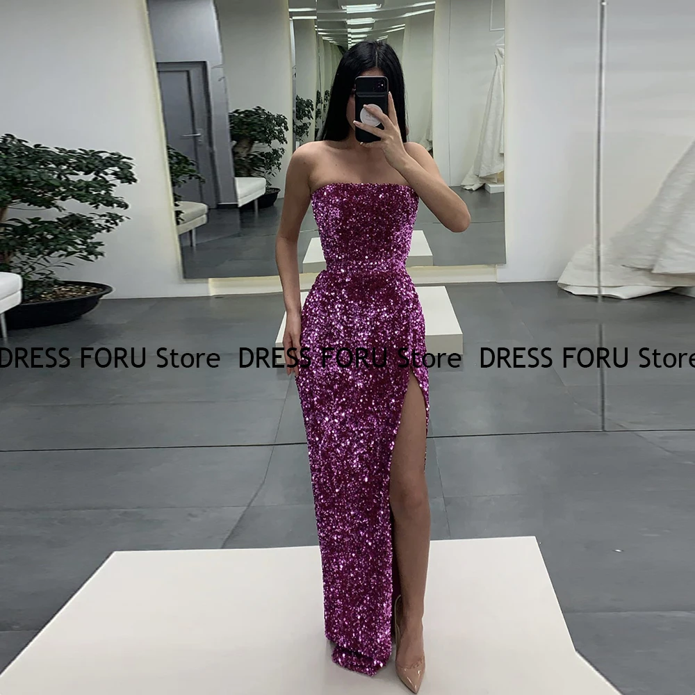 Modern Prom Dresses Sleeveless Sequins Velour Evening Gala Gowns Strapless Floor Length Split Formal Party Vestido De Novia