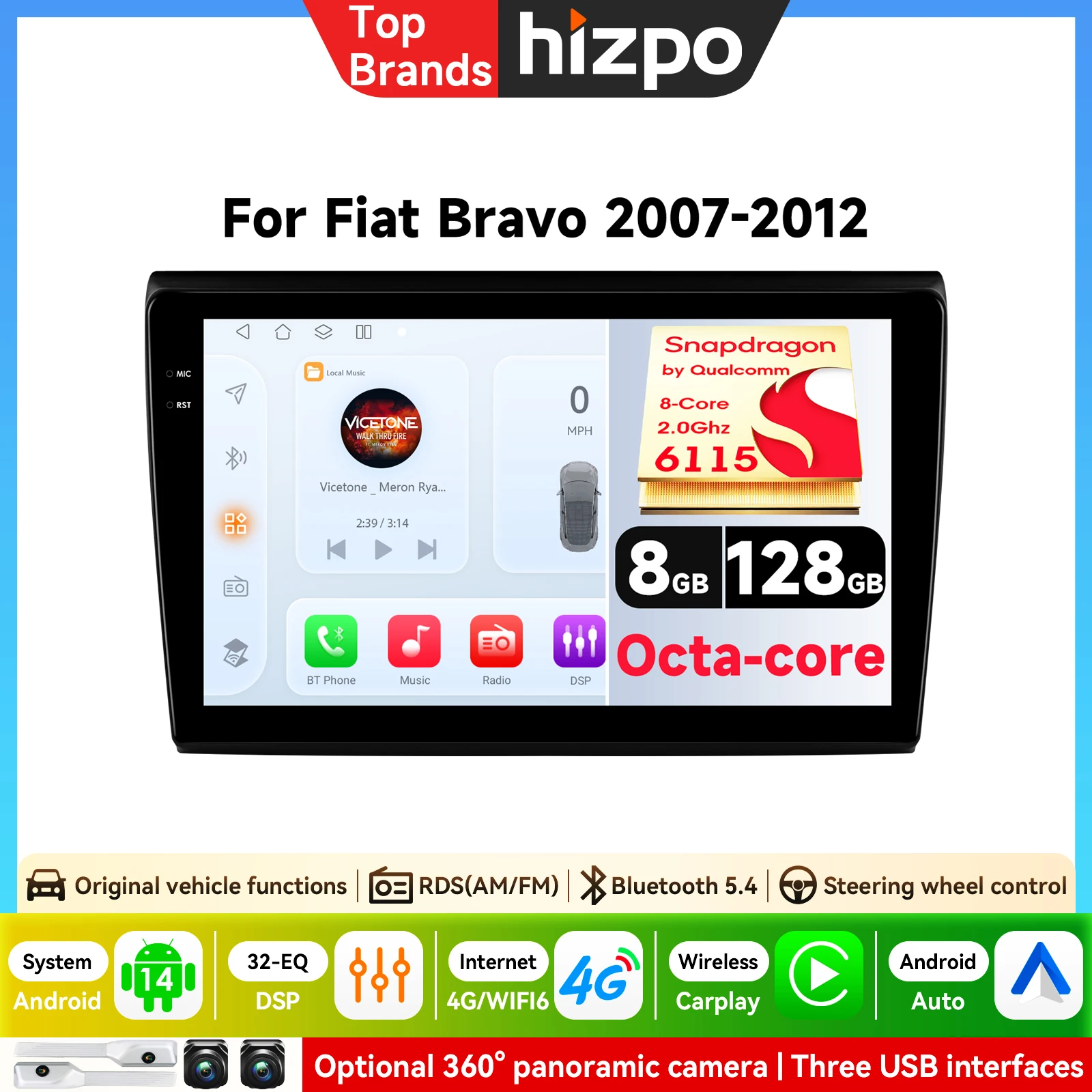9-Zoll Autoradio für Fiat Bravo 198 2 II 2007-2012 GPS Carplay Android Multimedia-Navigation Haupteinheit KI-Intelligenter QLED-Bildschirm