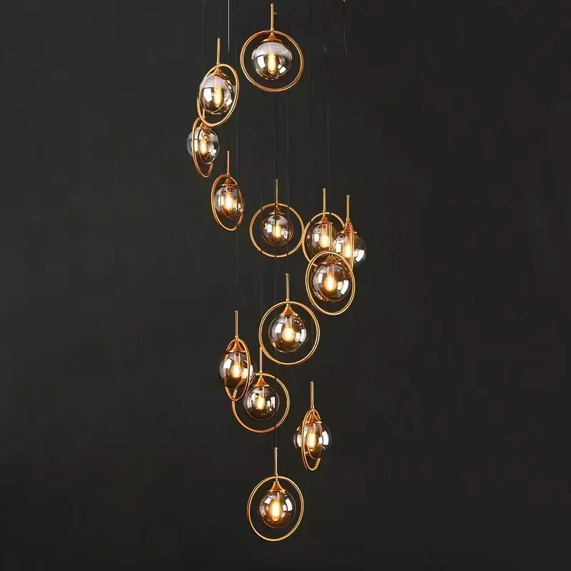 Modern Glass Ball Chandelier Nordic Retro Long Staircase Pendant Lamp for Living Room Home Decor Lighting Fixtures