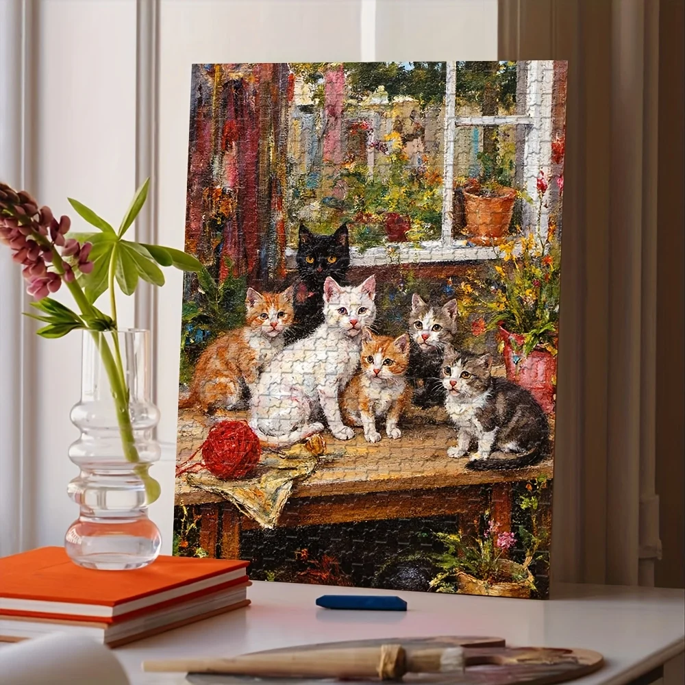 

1000pcs Jigsaw Puzzle for Adults - Large 20x28 Inch Vibrant Realistic Cat Art with Playful Multicolor Kittens, Sunlit Window &