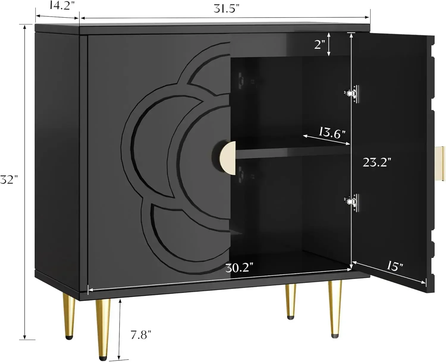 Modern Cabinet with Decorative Flower Pattern Doors - Accent Sideboard Buffet for Hallway, Living Room, Kitchen - Black