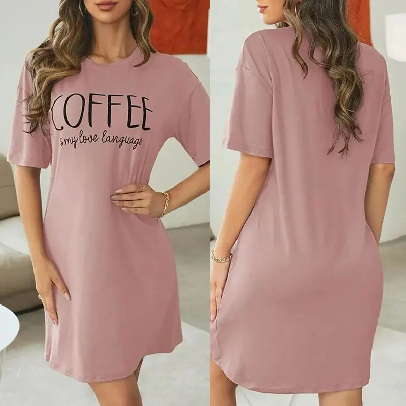 Women's Loose Fit Sleep Shirt with Coffee Letter Print - Casual & Comfy Short Sleeve Nightdress for Loungewear pajamas