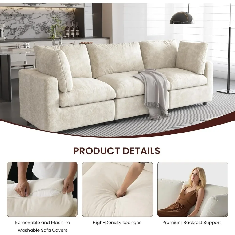 Sofá seccional moderno de chenilla de 3 plazas, sofá nube Modular de asiento profundo para sala de estar, dormitorio, 100 pulgadas