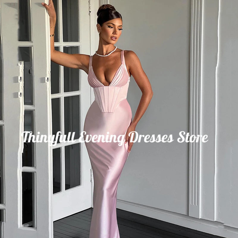 Thinyfull Sexy V-neck Prom Evening Dresses Pink Mermaid Floor Length Night Dress Saudi Arabia Cocktail Party Gowns Custom Size