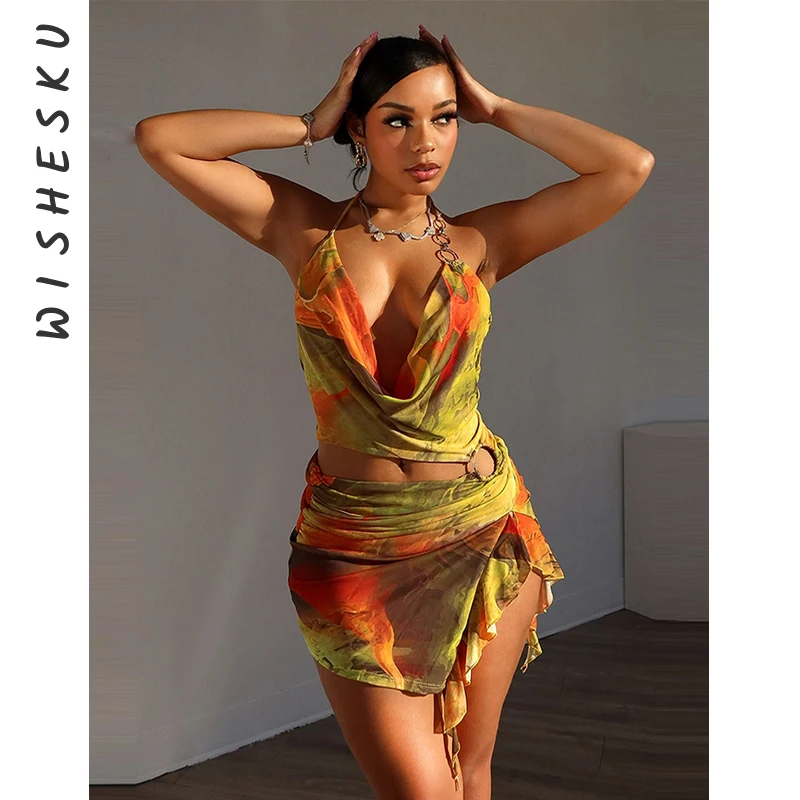 Catene Sexy Halter Backless Print Bodycon Mini Dress donna senza maniche Cut Out Ruffle Sundress 2024 Summer Beach Y2K Clothes