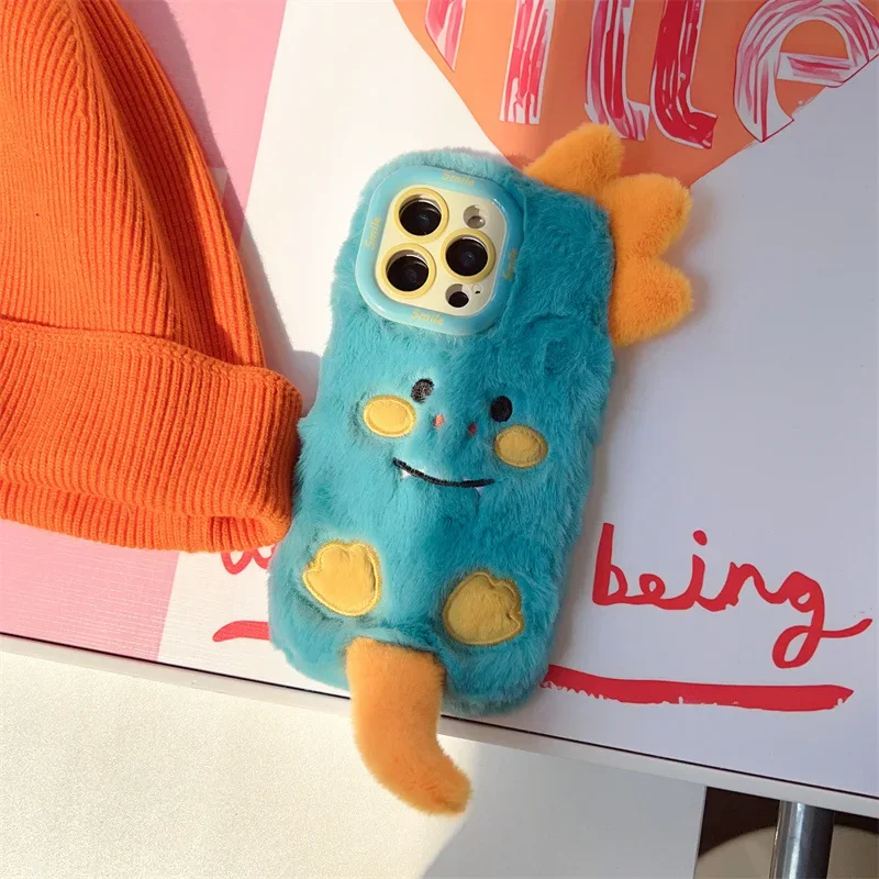 3D Cartoon Monster Lens Bracket Fluffy Plush Phone Case For iPhone 17 Air 16 15 14 13 12 11 Pro Max Shockproof Protective Cover