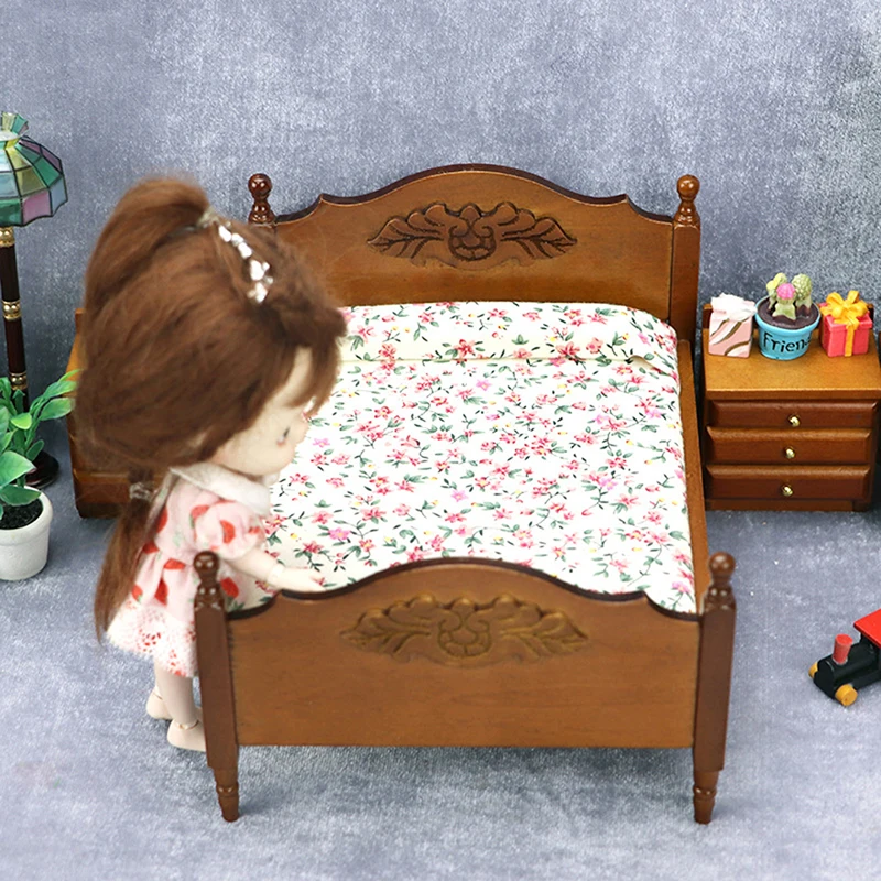 1:12 Dollhouse Miniatuur Houten Slaapkamer Dubbele Bed Europese Simulatie Meubels Model Scene Poppenhuis Decor Accessoires