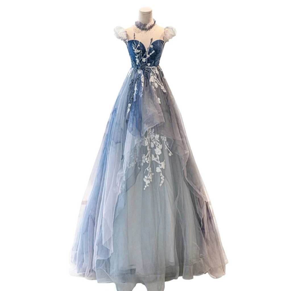 Princess Elegant Blue Celebrity Dress High Neck Pleated A-Line Slim Embroidery Floor Length Formal Occasion Evening Party Gowns