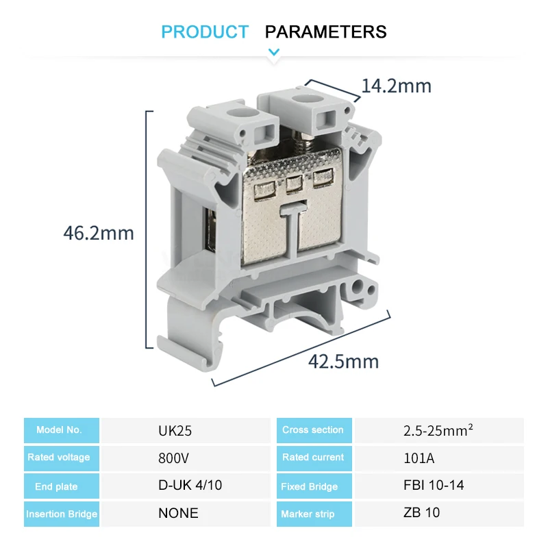 5Pcs UK-25 Screw Din Rail Terminal Block, 25mm² Cable Plug Feed-through Connection, Strip Wire Electrical Connector UK25