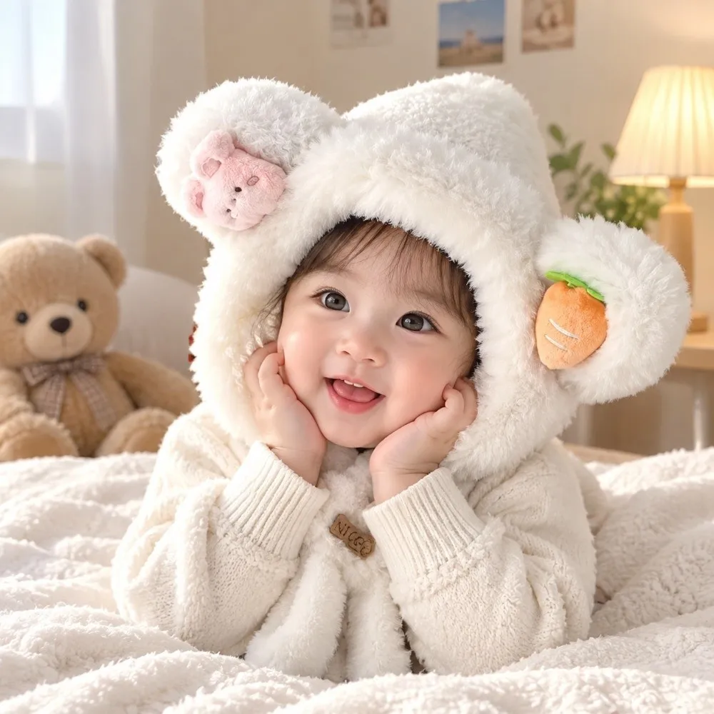 Windproof Hooded Scarf Hat Neck Protection Thick Warm Baby Bear Ear Hat Carrot Cartoon Winter Integrated Hat Autumn Winter