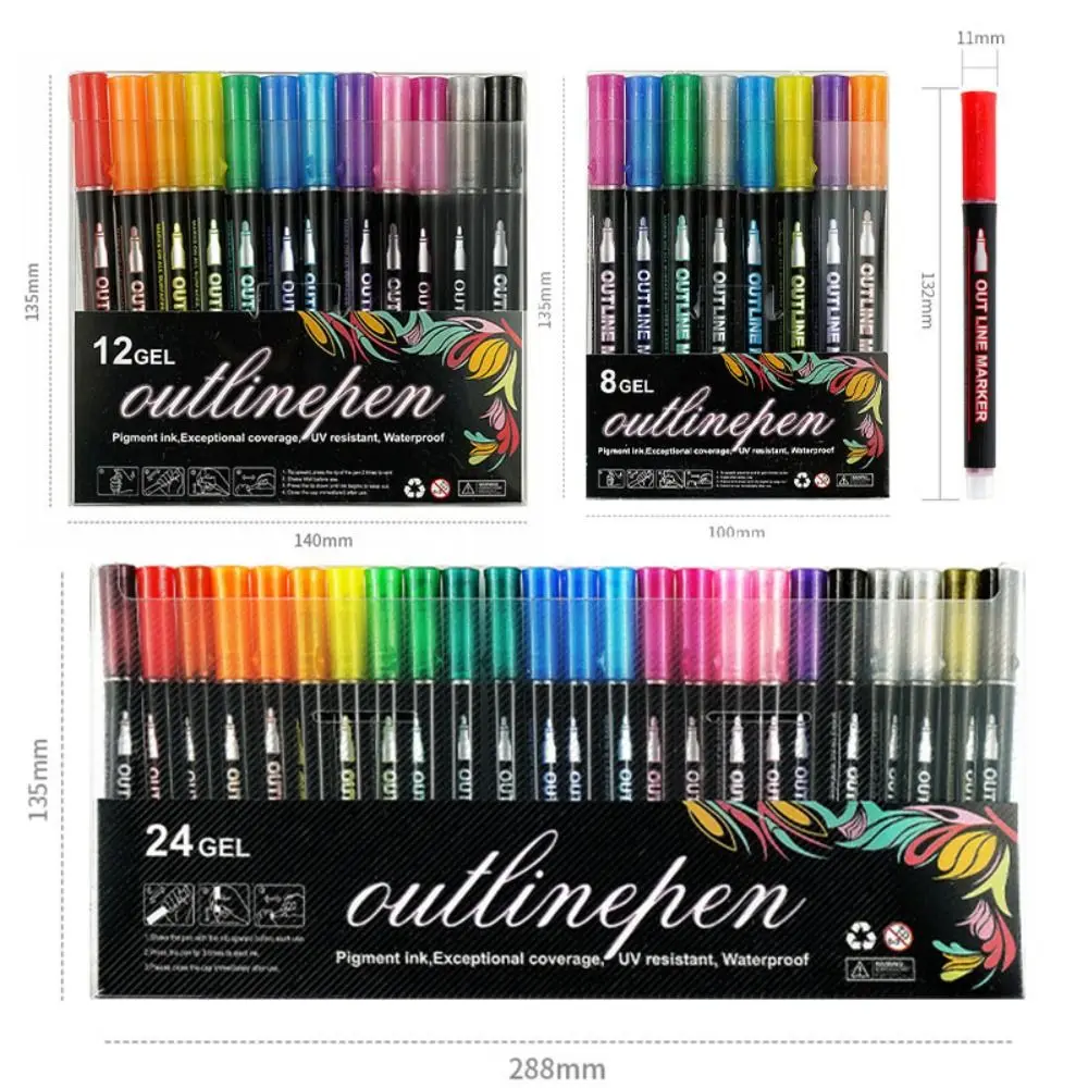 Hoge Kwaliteit Magische Contour Dubbele Lijn Pen 8/12/24/36/48 Kleuren Handgeschilderde Metallic Markers Diy Glitter Pen Kerst