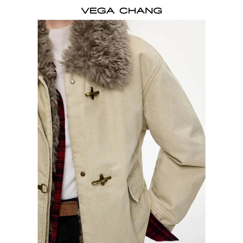 Vega Chang Novo estilo de inverno com fivela de avião de metal e gola de pele confortável jaqueta quente feminina