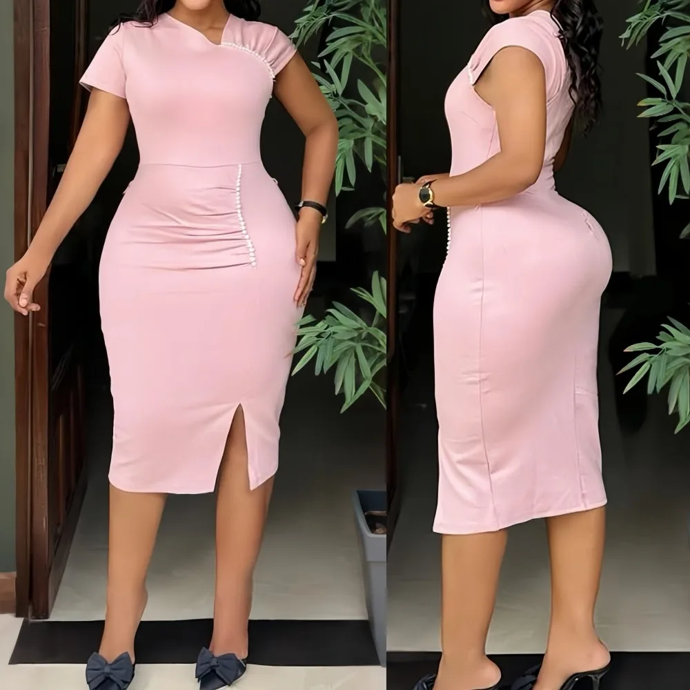 

HLJ Summer New Sexy Pearls Patchwork Bodycon Dress for Women Solid Color Short Sleeve Dresses Casual Female Streetwear Vestidos