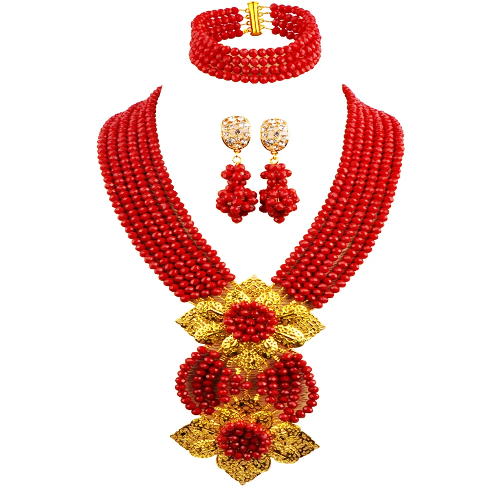 

Opaque Red Nigerian African Wedding Bride Jewelry Set