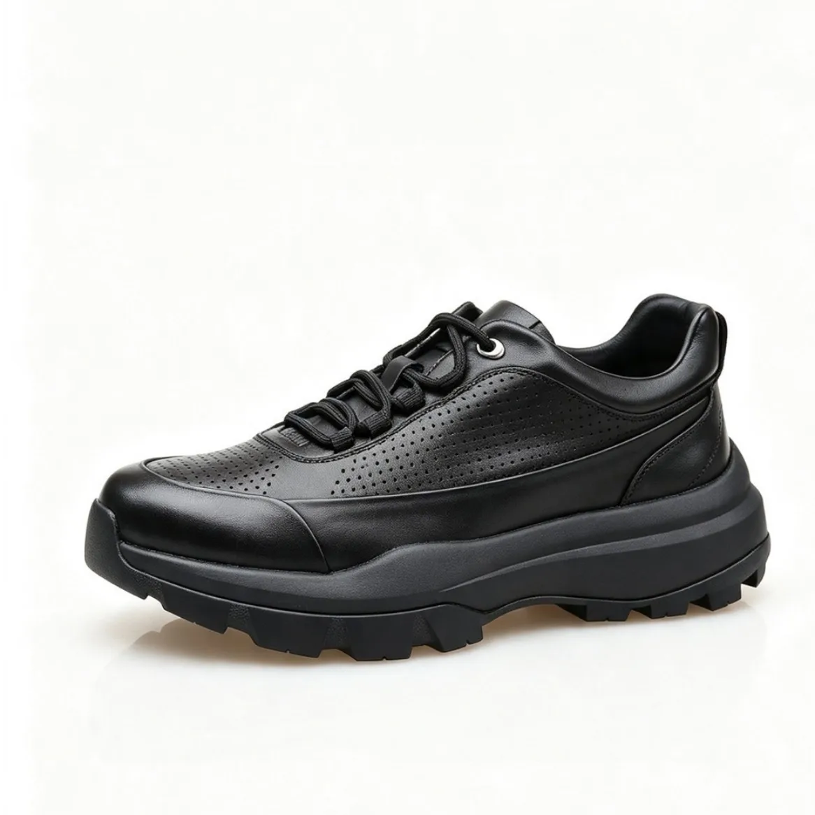 Leather Perforated Breathable Chunky Lug Sole Sneakers Lace Up Anti Slip Thick Bottom Footwear All Black Walking Casual Shoes