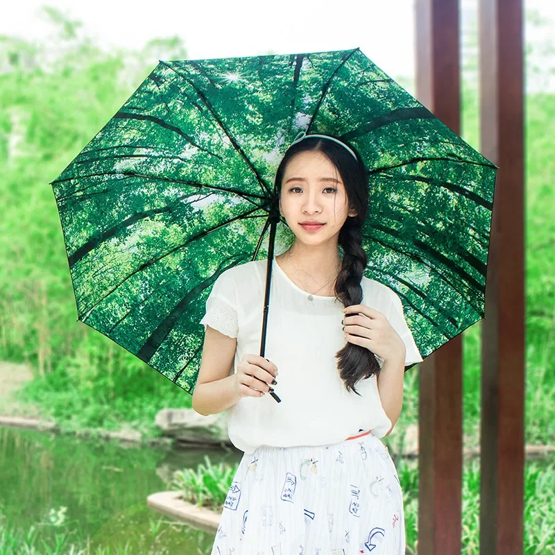 Green Forest Sun Umbrellas for Women Black Coating Small Fresh Style 3 Folding 8K Rain Umbrella UV Protection Portable Paragua