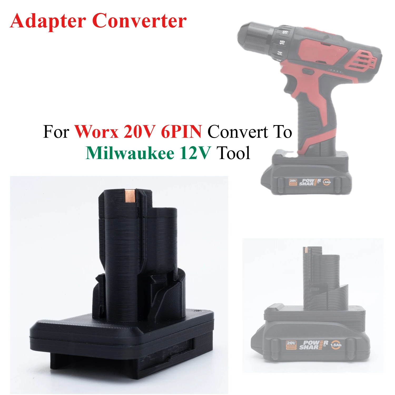 

Power Tool Accessory For Worx 20V 6PIN Li-Ion Battery Adapter Convert To Milwaukee 12V Tool Adapter Converter(NO Battery)