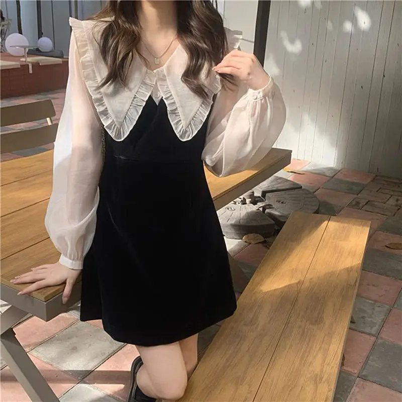 Fake Two Pieces Doll Collar Mini Dress Spring Autumn Patchwork Long Sleeve Women\'s Clothing Korean A-Line Waist Basic Dresses