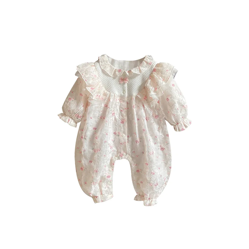 2024 Autumn New in Infant Princess Style Cute Clothing Kids Ruched Floral Lace Jumpsuits Newborn Baby Outfits Romper 0-24M