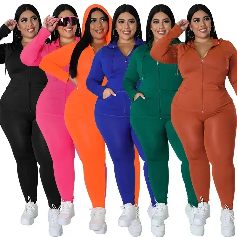 MY998- Novo plus size mm feminino cor sólida outono com capuz calças de manga comprida conjunto casual da moda, roupas femininas plus size