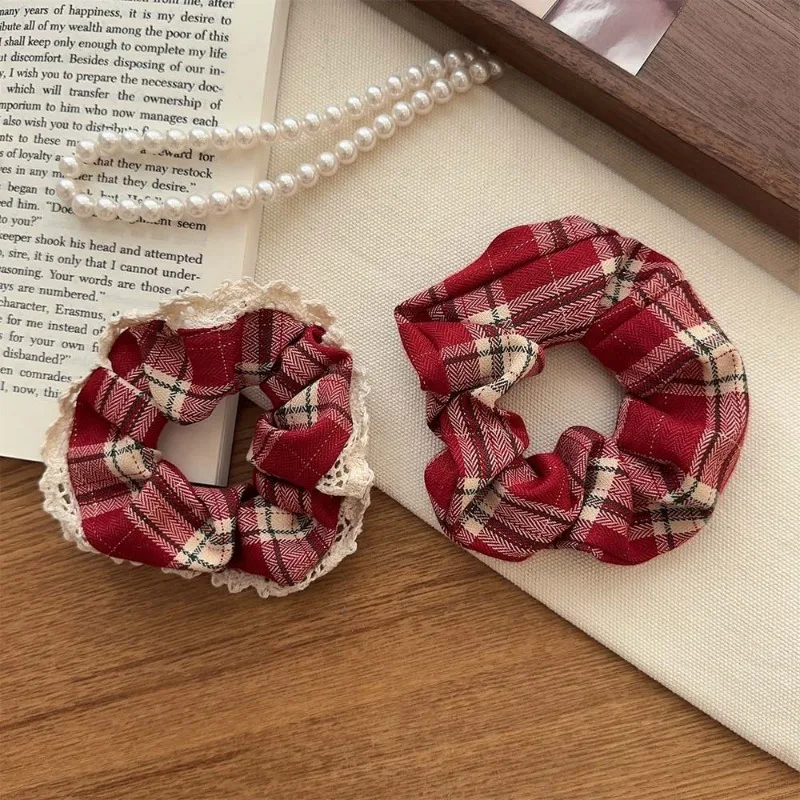 Scottish GirlClassic Red Pattern Hair Rope Large Intestine Ring Retro Easy Matching Hair Rope Hair Ring Tie Ponytail LeatherBand