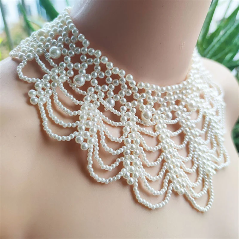 Collar de encaje con cuentas de perlas para mujer, cintas, joyería de boda para ropa, vestido de novia, accesorios de moda, regalo creativo