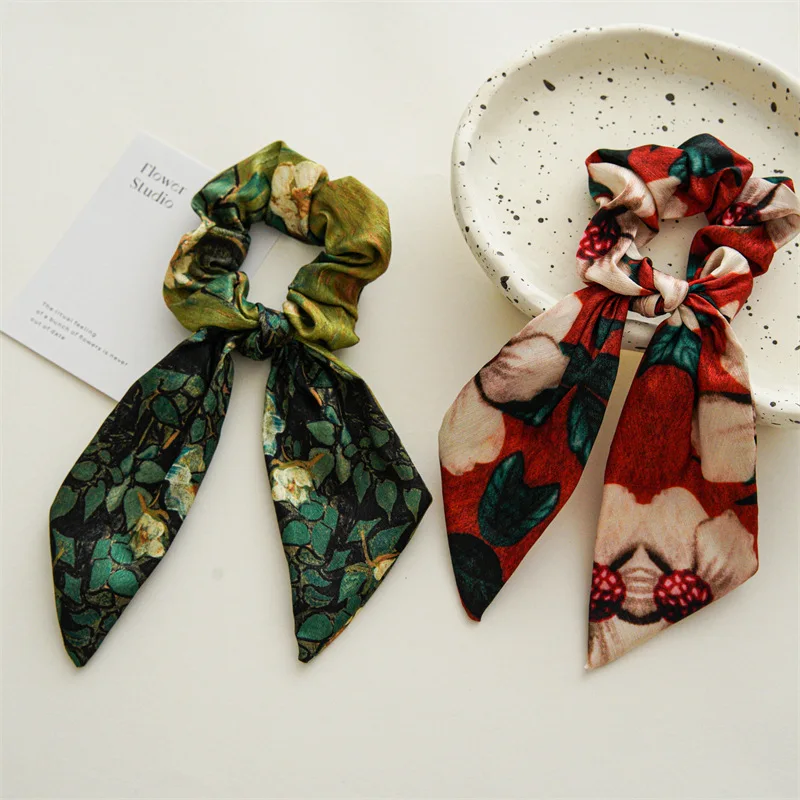 Korean Women Elegant Oil Painting Bow Elastics Hair Band Exquisite Scrunchies Hair Ties Ponytail Holder Girls Hair Accessories