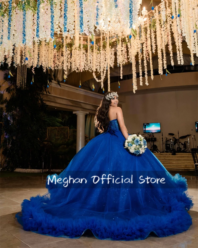 Vestidos de quinceañera con hombros descubiertos, color azul real de México, apliques de cuentas, vestido de lujo para cumpleaños de 2025, vestido con volantes, dulce 15 personalizado