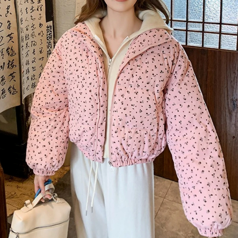 Women Parkas Jackets Casual Coats Floral Print Hooded Drawstring Zipper Long Sleeve Thick Slight Strech Street Wear 2025 Winter