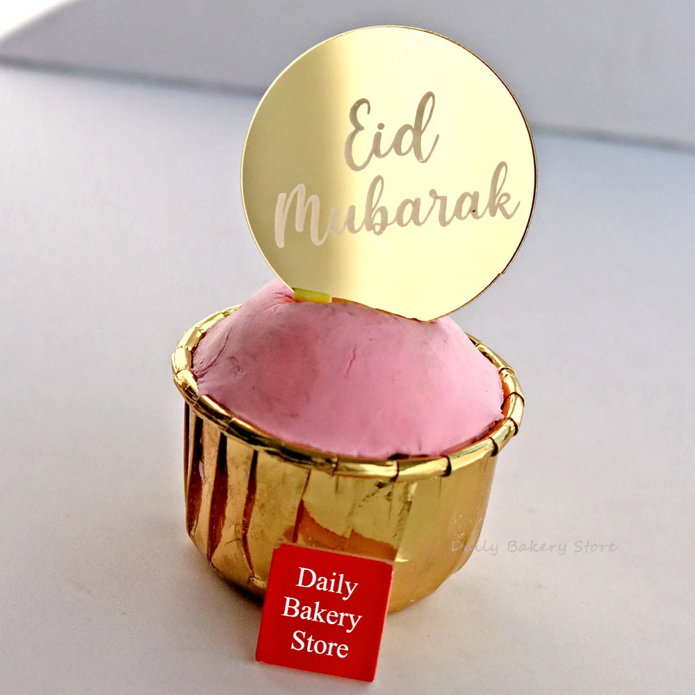 10pcs Eid Mubarak Cake Topper Ramadan Kareem Round Ramadan Kareem Baking Tools Acrylic Castle Moon Cupcake Toppers for Islamic