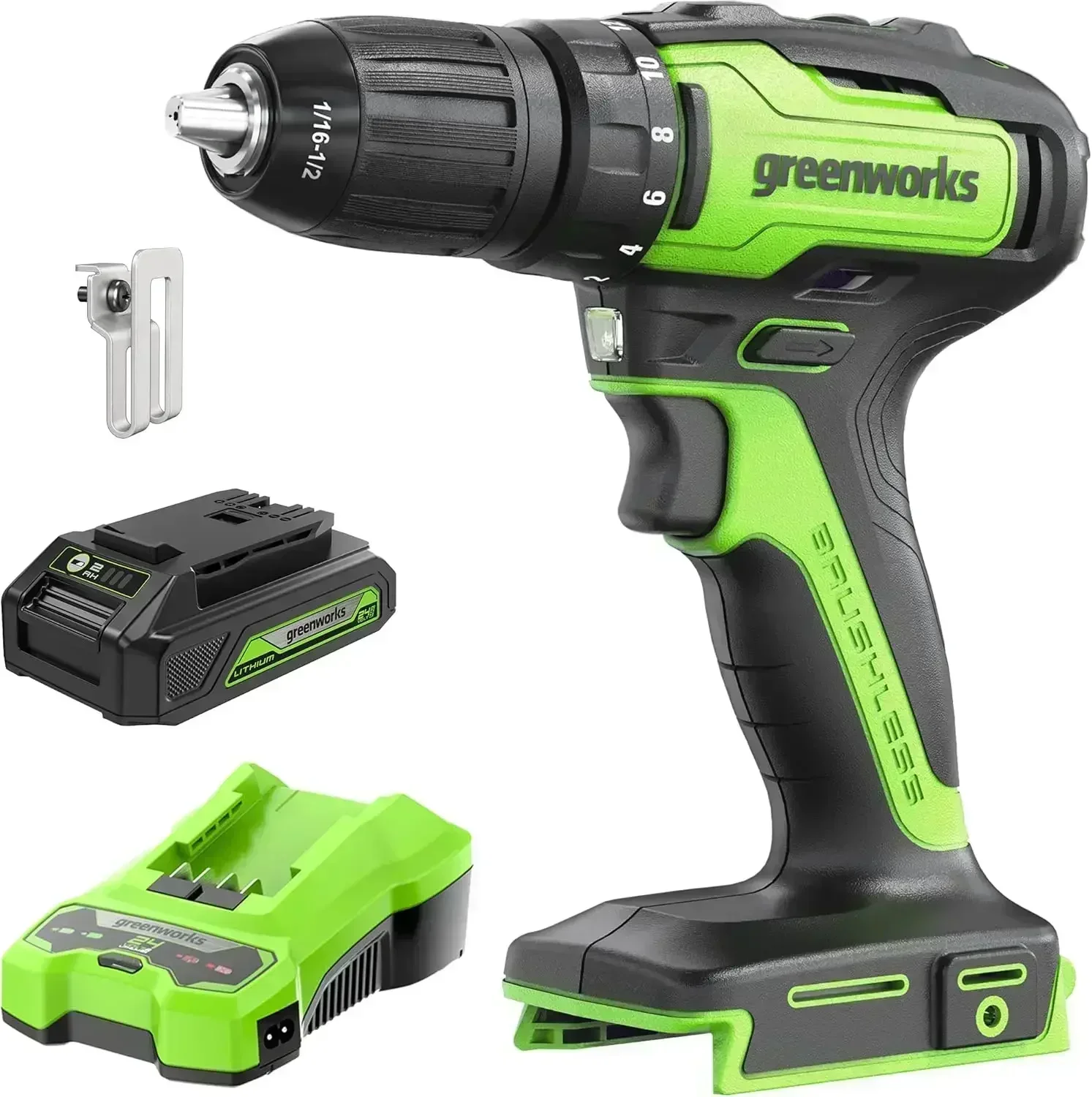 

24V Brushless Drill / Driver, 2Ah USB Battery and Charger Included