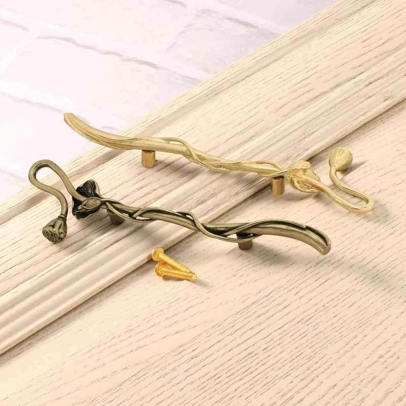 Brass door handle, lotus root lotus flower  wardrobe drawer, copper handle, home decoration cabinet door, decoration accessories