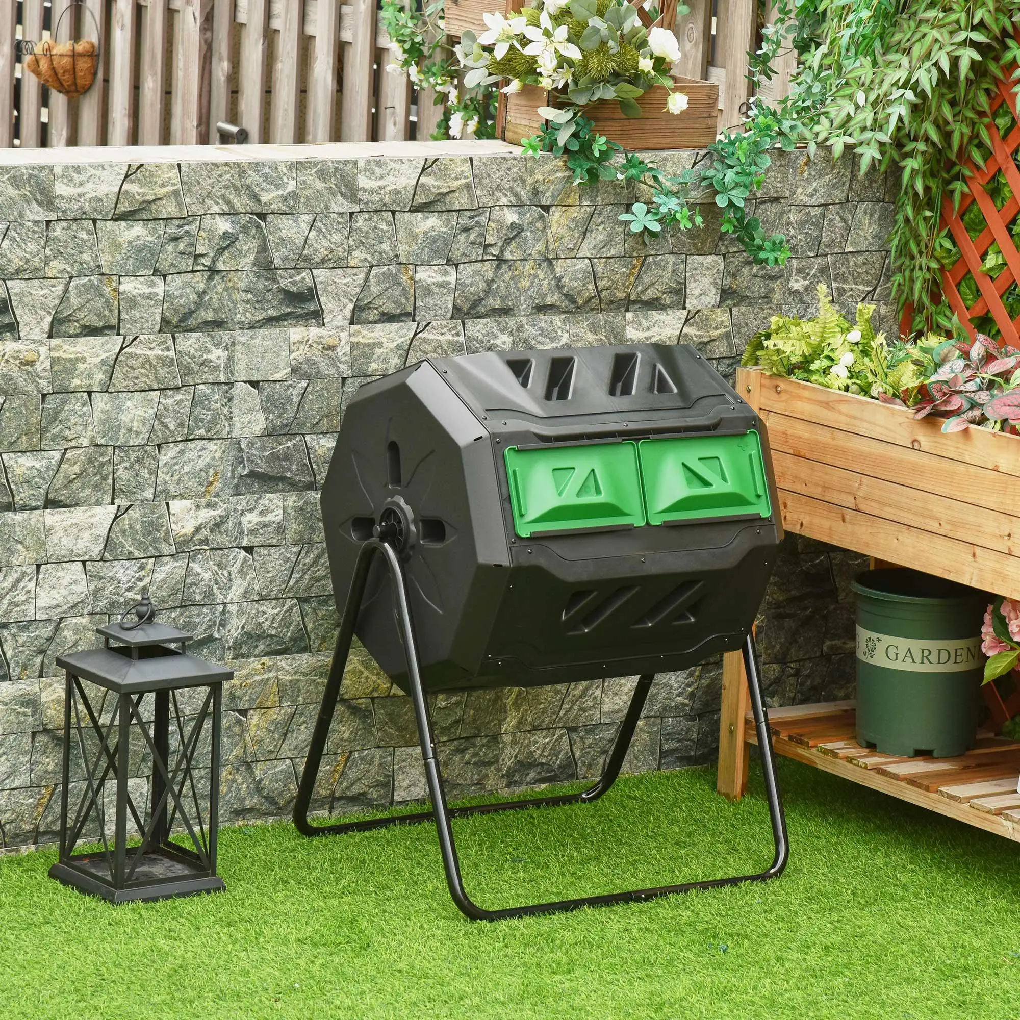 360 °   Conteneur à compost rotatif 160L, 2 compartiments, PP, acier, ventilation, portes coulissantes, déchets de jardin
