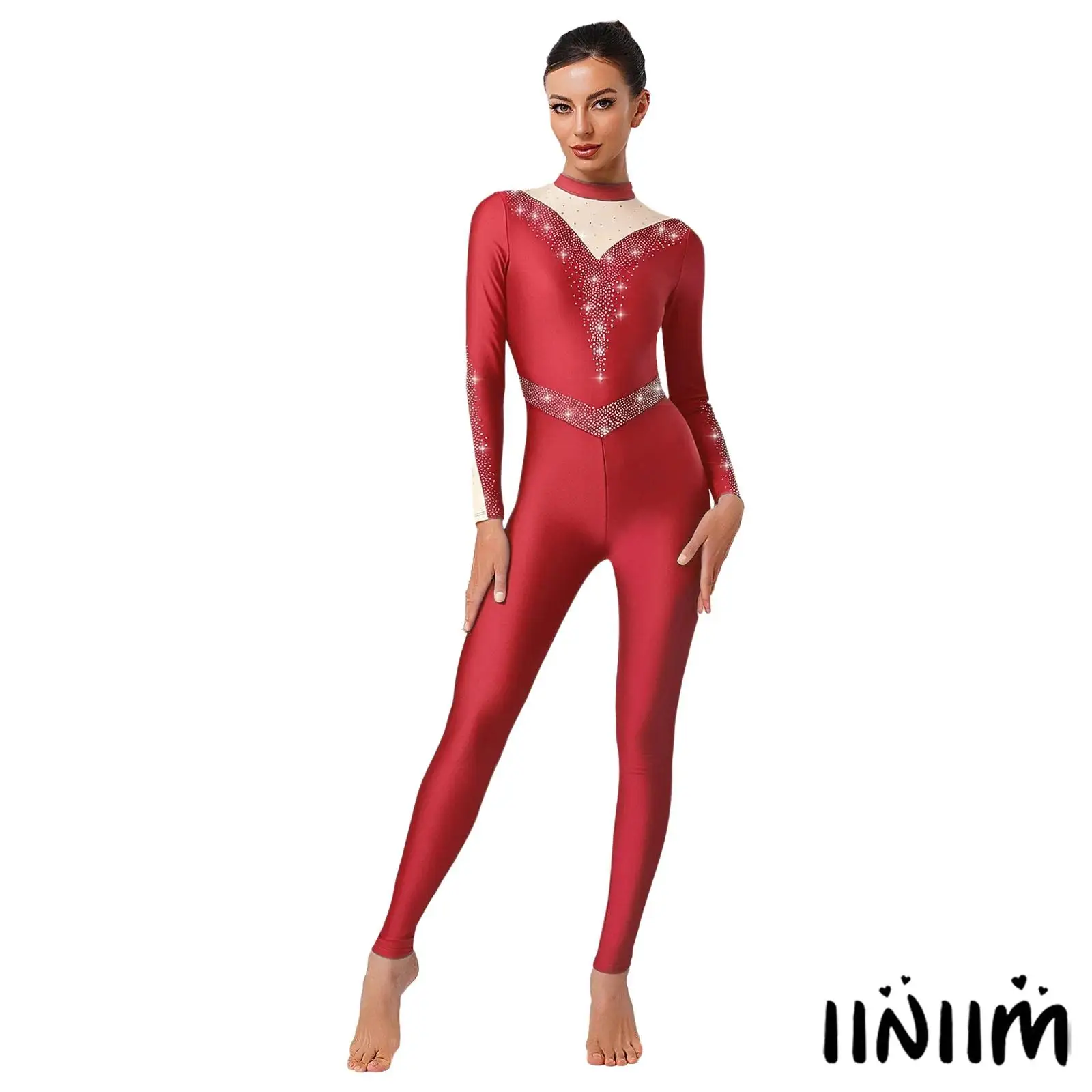 

Womens Gymnastics Dance Unitard Long Sleeve Mock Neck with Hidden Back Zipper Stretch Pants for Dance Training And Practice