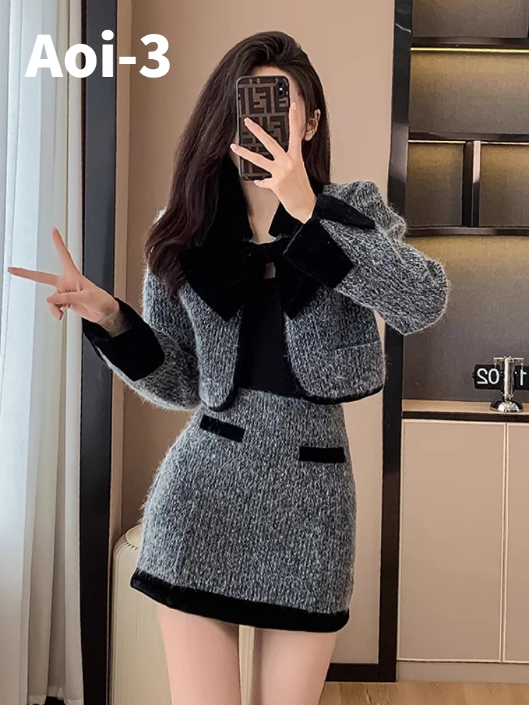 Fashion Commuter Woolen Stitching Suit Women's 2023 Autumn Winter Slim Lapel Bow Long Sleeve Short Coat+Hip Skirt Two-Piece Set