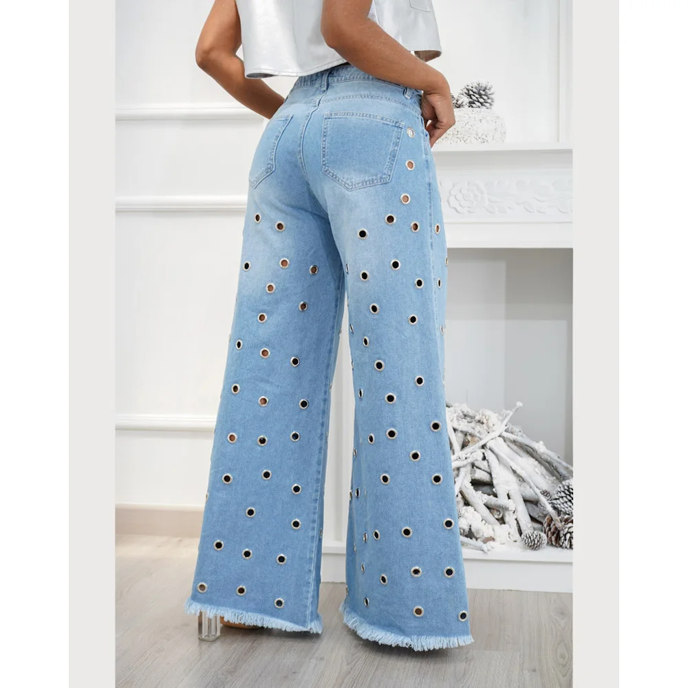 Y2k Streetwear Blue Jeans Woman Pants loose Wide leg pants Fashion designed Casual Denim Trousers Hole jeans 2024 NEW