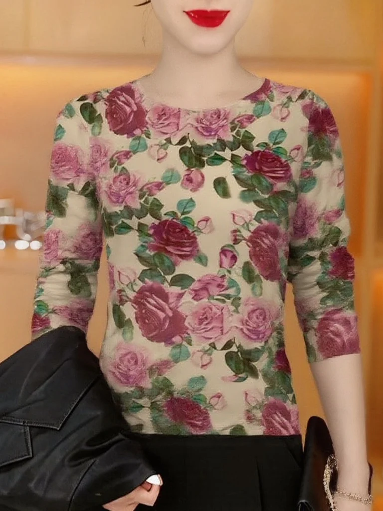 

Элегантный топ с принтом роз и длинными рукавами для женщин среднего и пожилого возраста, дышащая, утягивающая, растительная ткань, одежда в стиле Mommy