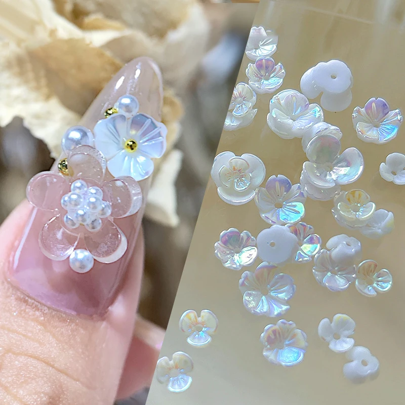 50 Stuks Kleurrijke Aurora Witte Bloem 3d Nagel Bedels Zeeschelp Glanzende Bloemen Vlinder Nail Art Decoraties Diy Manicure Nagel Voeding