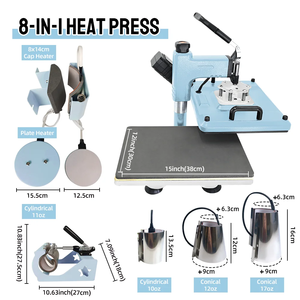 ماكينة ضغط كومبو 8 في 1 من بايين ماكينة ضغط حرارية لآلة القميص/القدح/اللوحة للتسامي