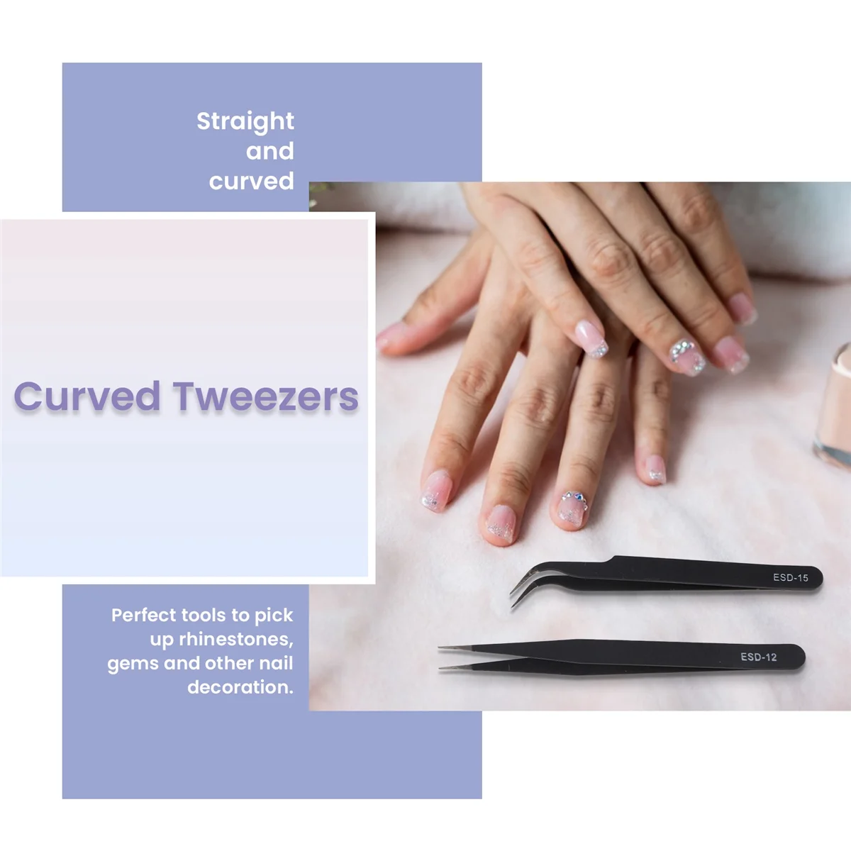 Nail Art Rhinestones Eyelashes Extension Straight & Curved Tweezers Tool Set-Black