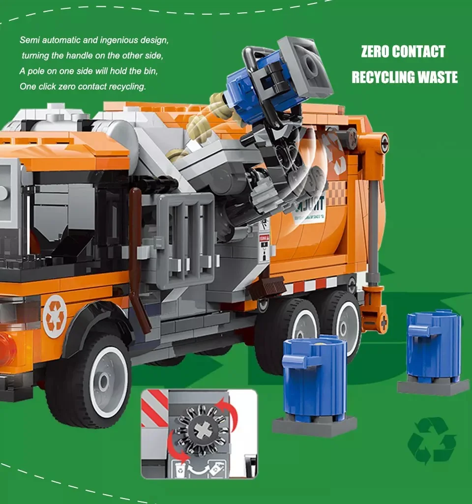 City Technical Sanitation Garbage Truck Car Vehicle Building Blocks MOC Cleaning Car Model Assemble Bricks Toy For Kids