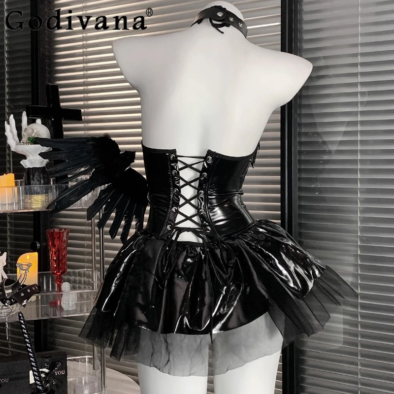 Сексуальная глянцевая ночная рубашка с кожаным ремешком, женская ночная рубашка с открытой шеей и суккусом, перспективное платье для косплея, женское вечернее платье на Хэллоуин