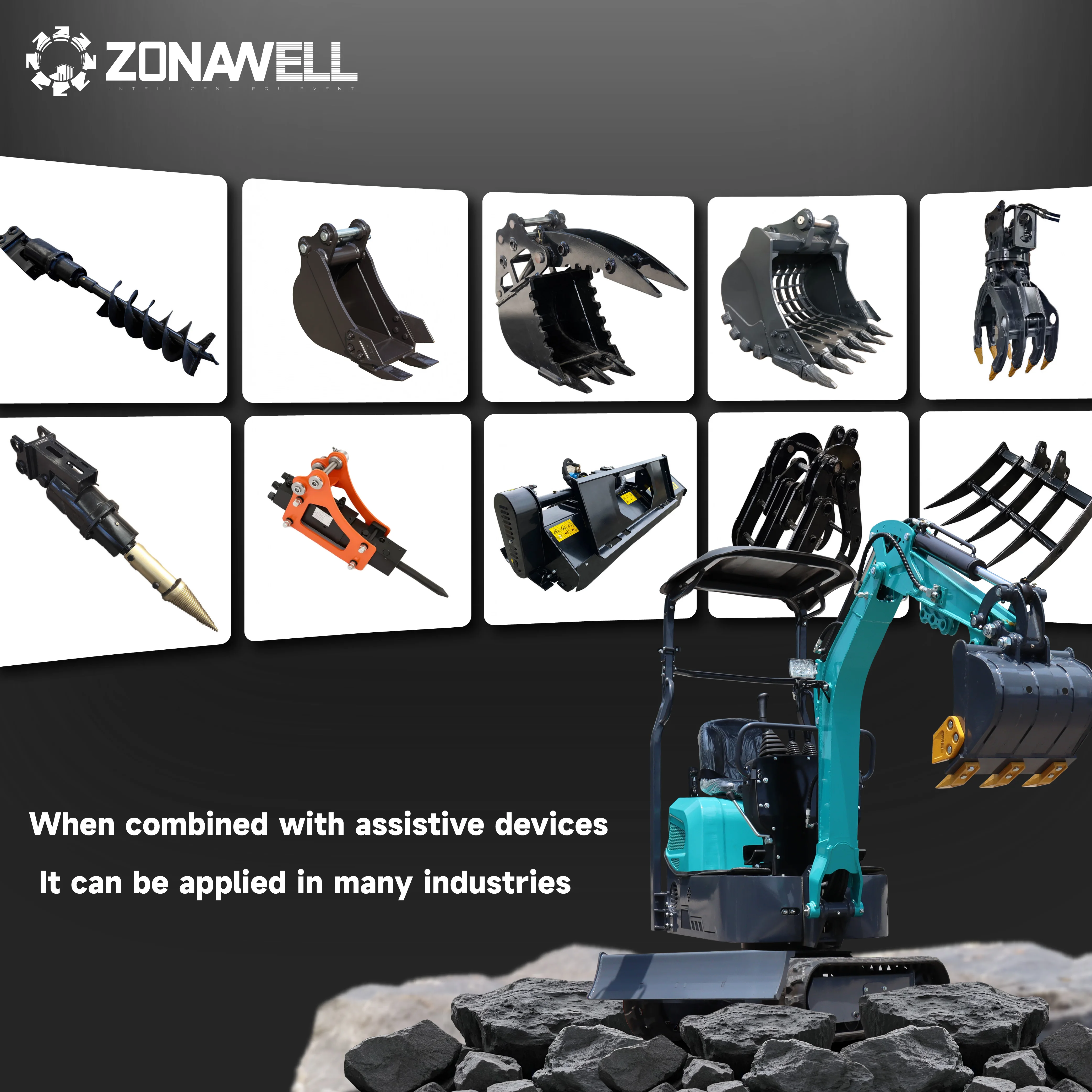 Kompakter ZONAWELL ZNW 12 Minibagger, 1200 kg, ausgestattet mit verschiedenen Hilfsgeräten für den Einsatz in mehreren Industrie