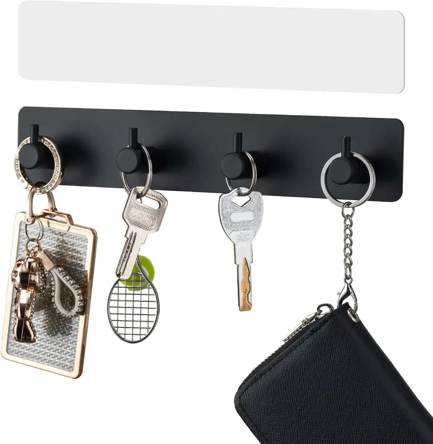 

Wall Mount Key Holder with 4 Hooks, Self-Adhesive Tapes for Entryway, Kitchen, Bathroom - Black